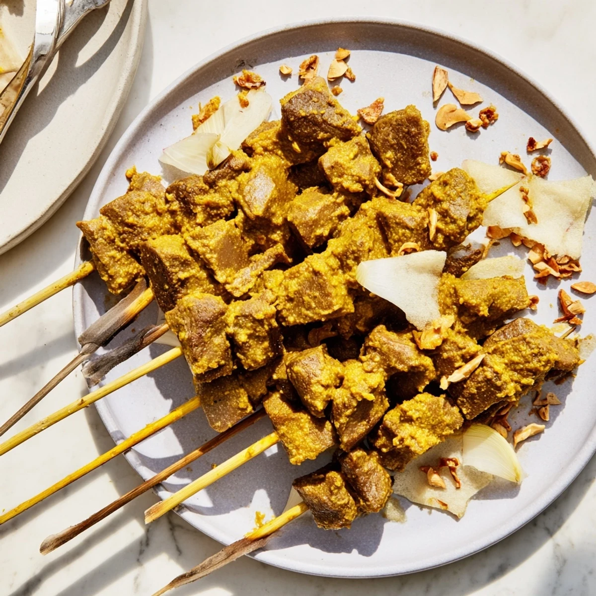 Grilled Indonesian Sate Padang beef skewers drizzled with thick golden turmeric spiced sauce and crispy fried shallots