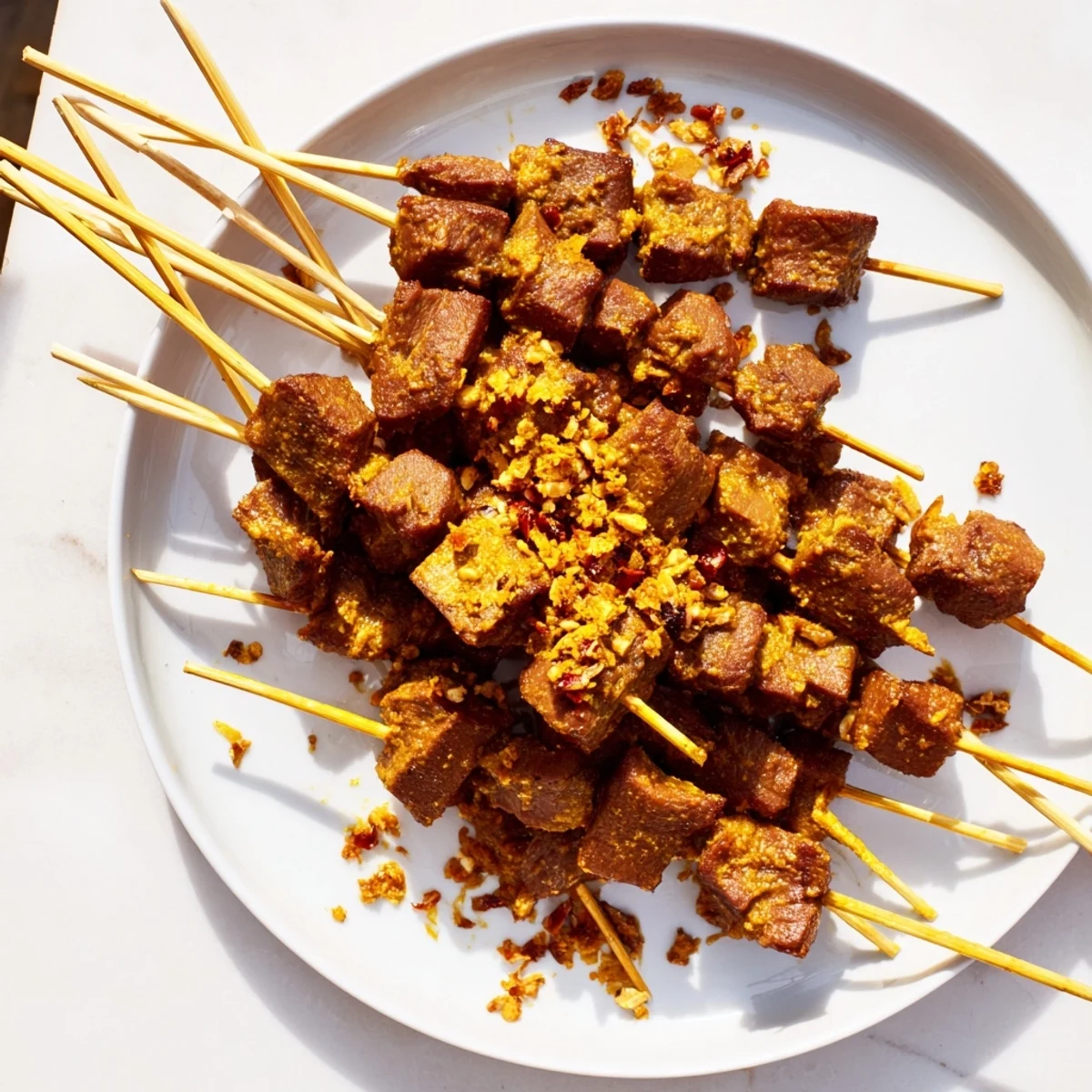 Tender beef skewers on bamboo sticks coated in rich aromatic Padang curry sauce over dark serving plate