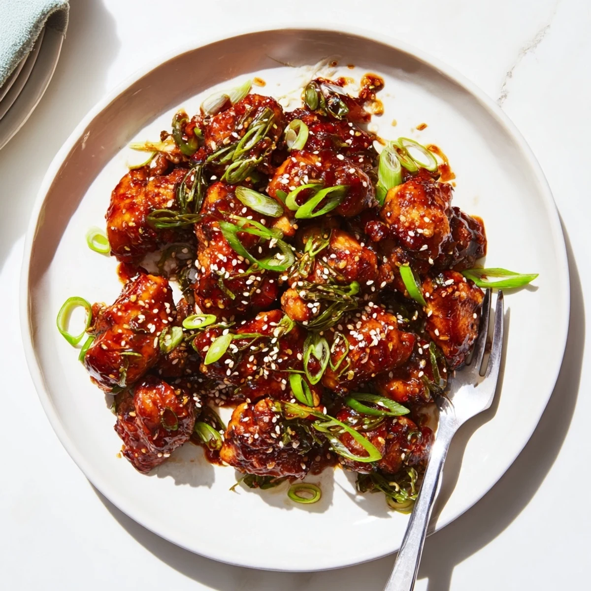 Tender shredded Crockpot Teriyaki Chicken glazed in thick savory sauce with sesame seeds