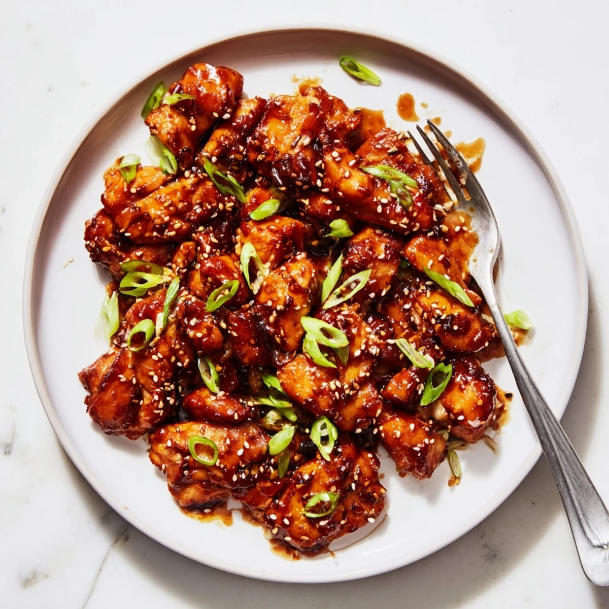 Slow cooker chicken pieces coated in sweet tangy teriyaki sauce with green onion garnish