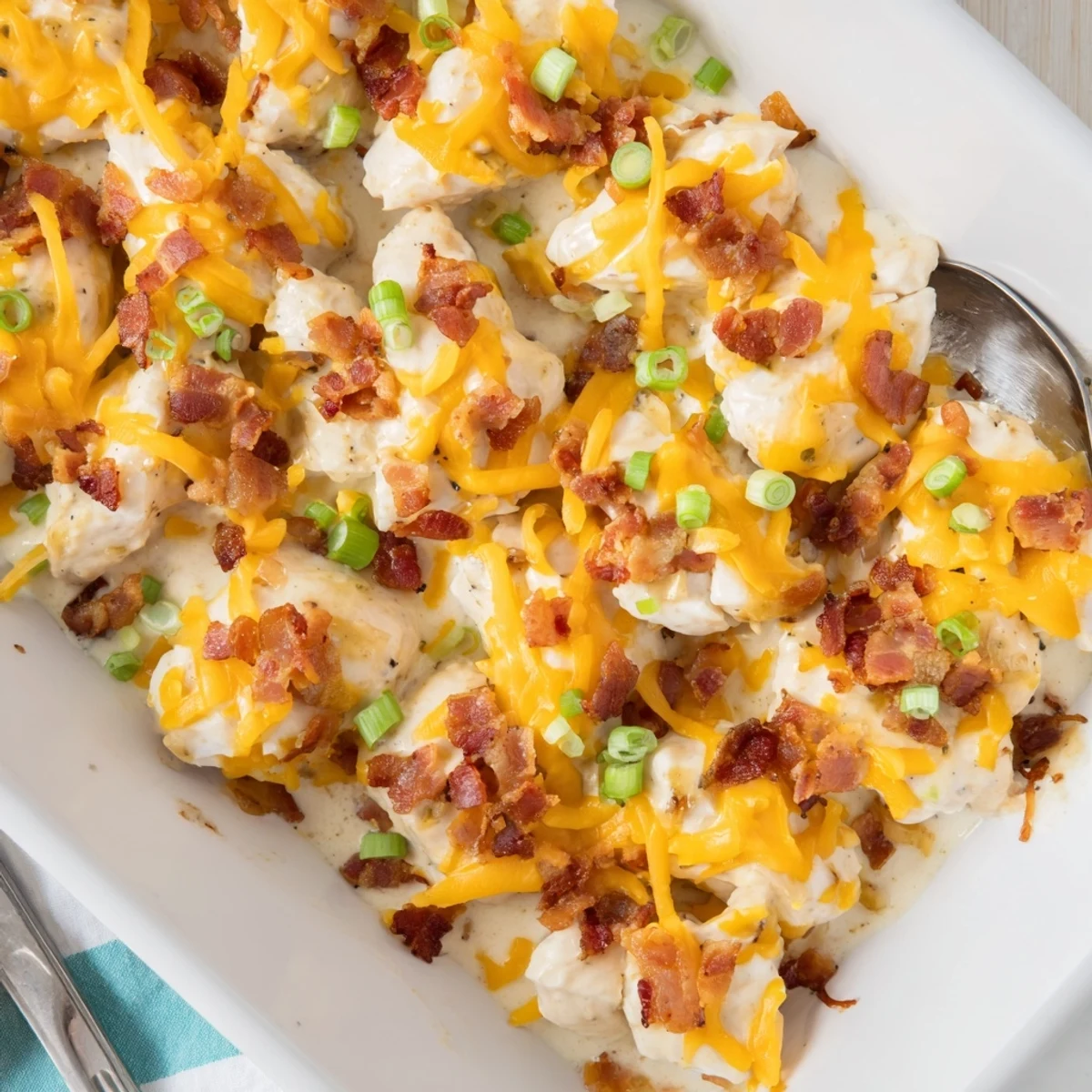 Golden baked crack chicken topped with melted cheddar and crispy bacon pieces