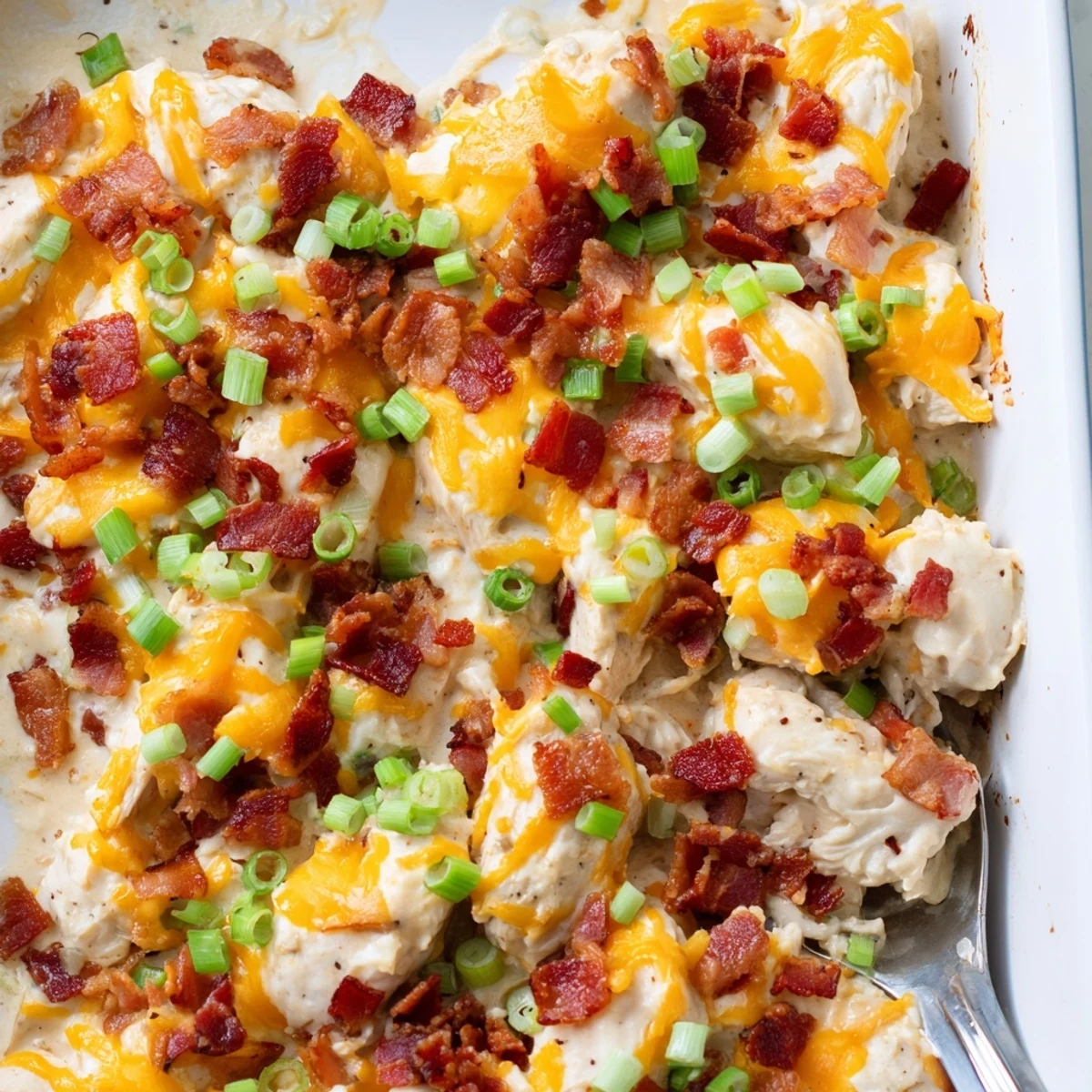 Creamy ranch chicken breasts bubbling with cheese and savory crumbled bacon garnish