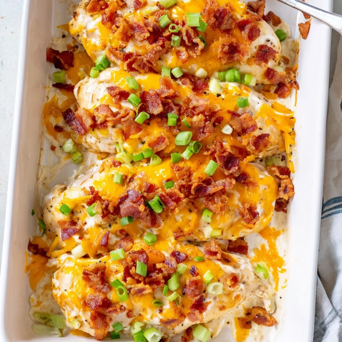 Oven-baked crack chicken dish with gooey cheese layer and crispy bacon sprinkles