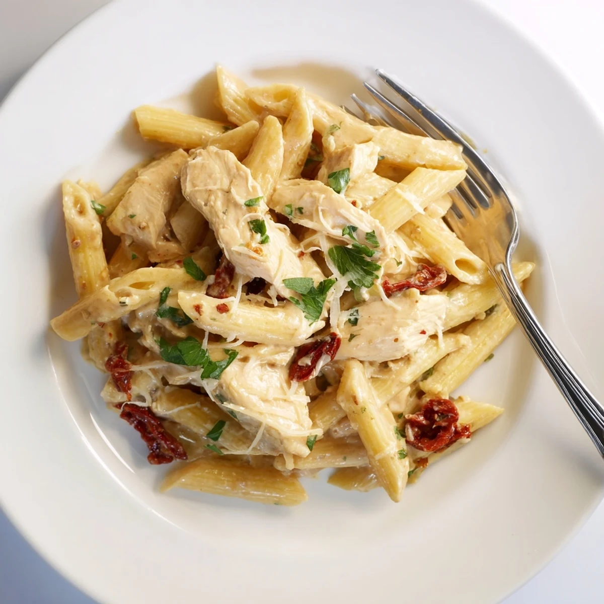 Creamy Marry Me Chicken Pasta with tender sliced chicken and sun-dried tomatoes in a rich garlic parmesan sauce