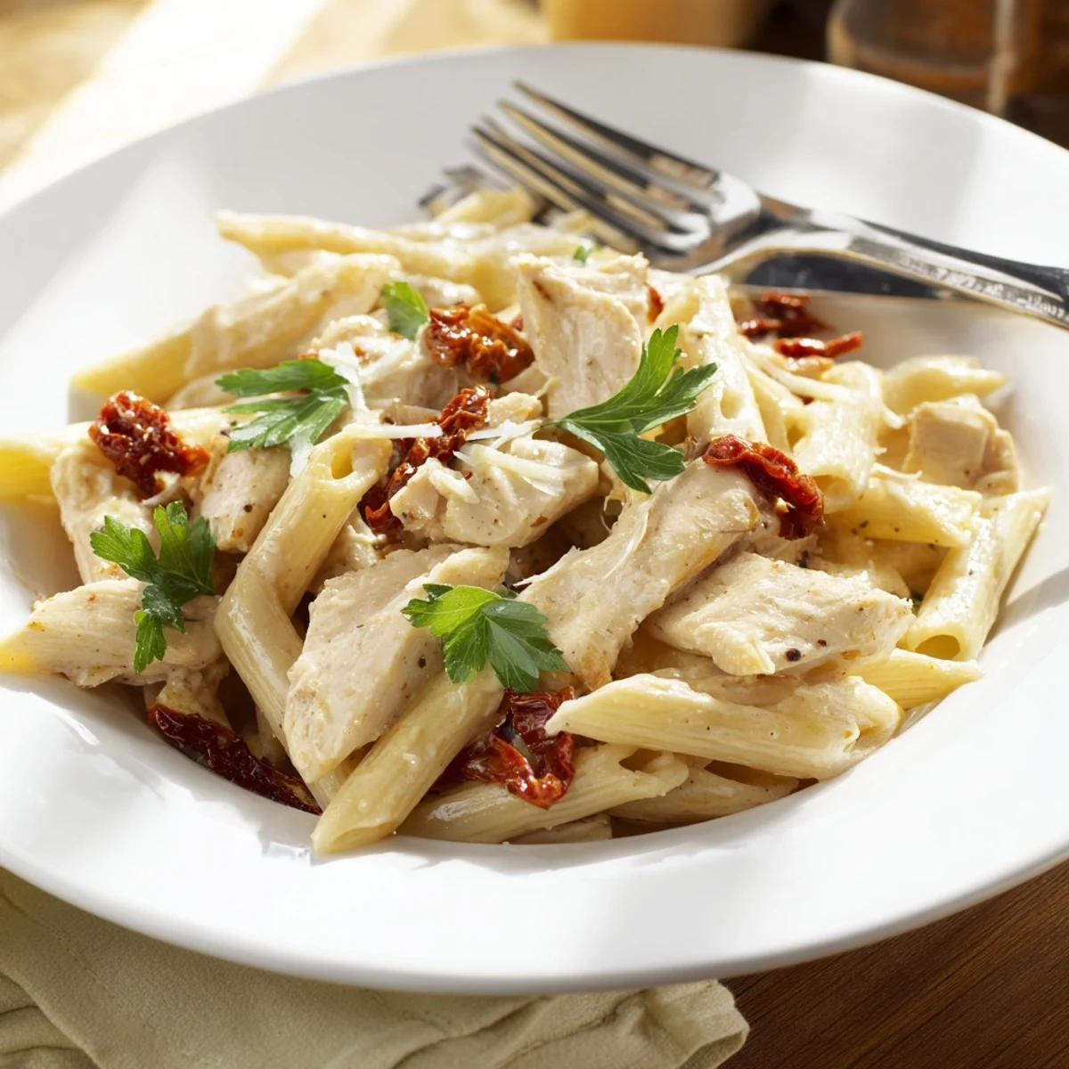 Golden seared chicken pieces tossed with penne pasta in a luscious white cream sauce with sun-dried tomatoes