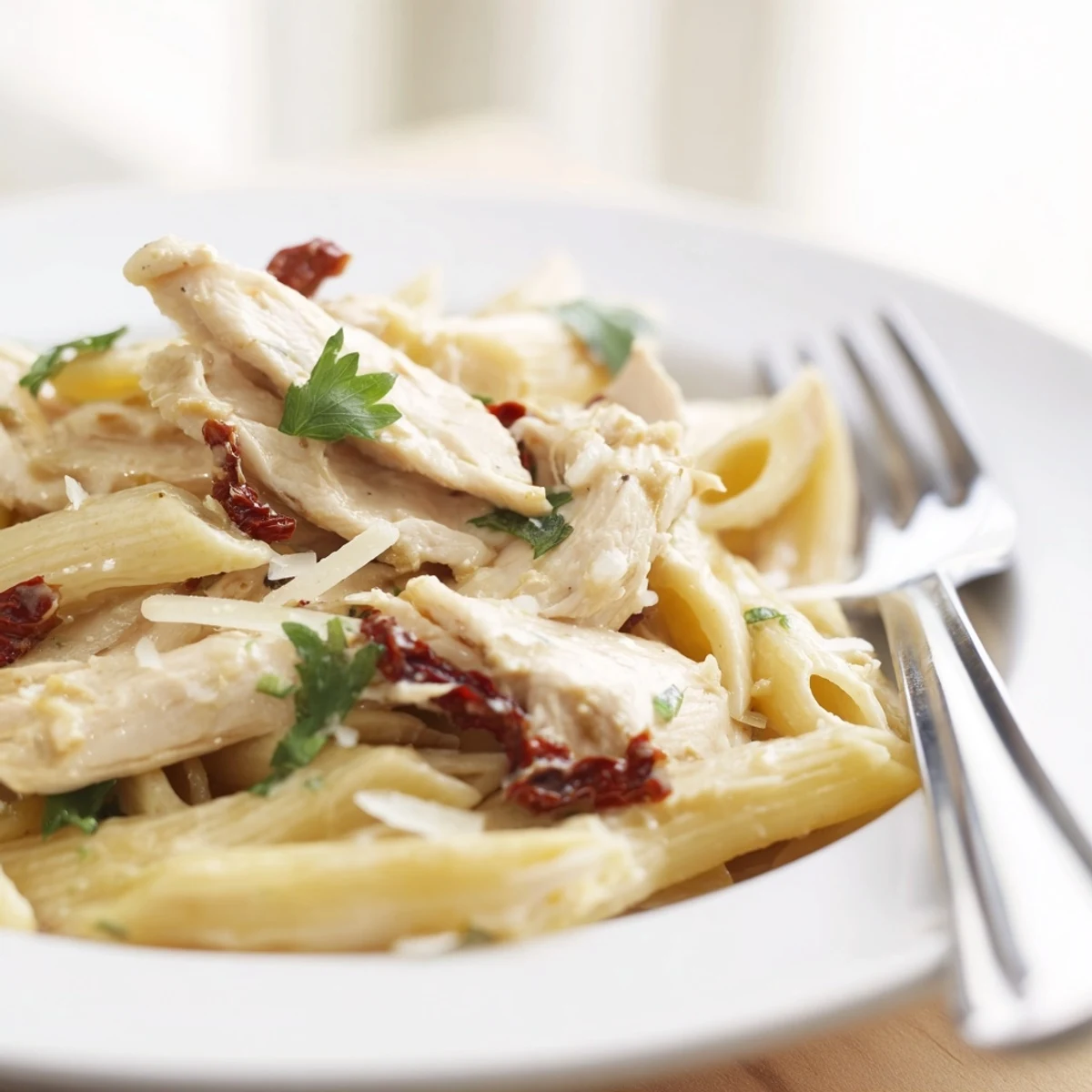 Plated Marry Me Chicken Pasta garnished with fresh basil and grated parmesan over a velvety smooth cream sauce