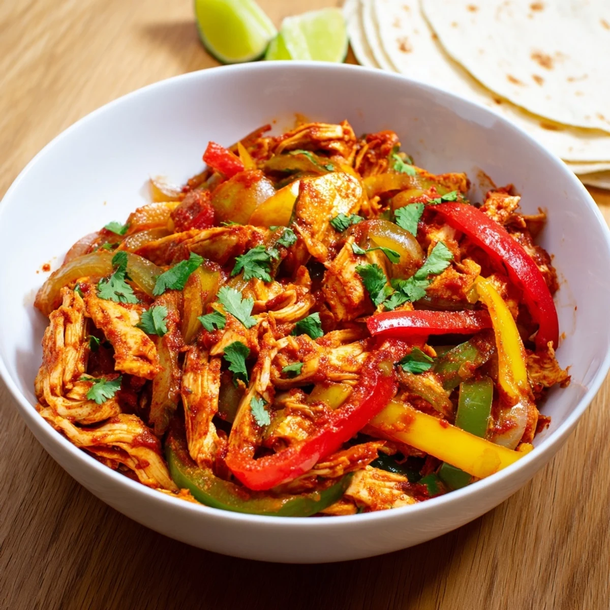 Slow cooker chicken fajitas with tender shredded meat and colorful bell pepper slices