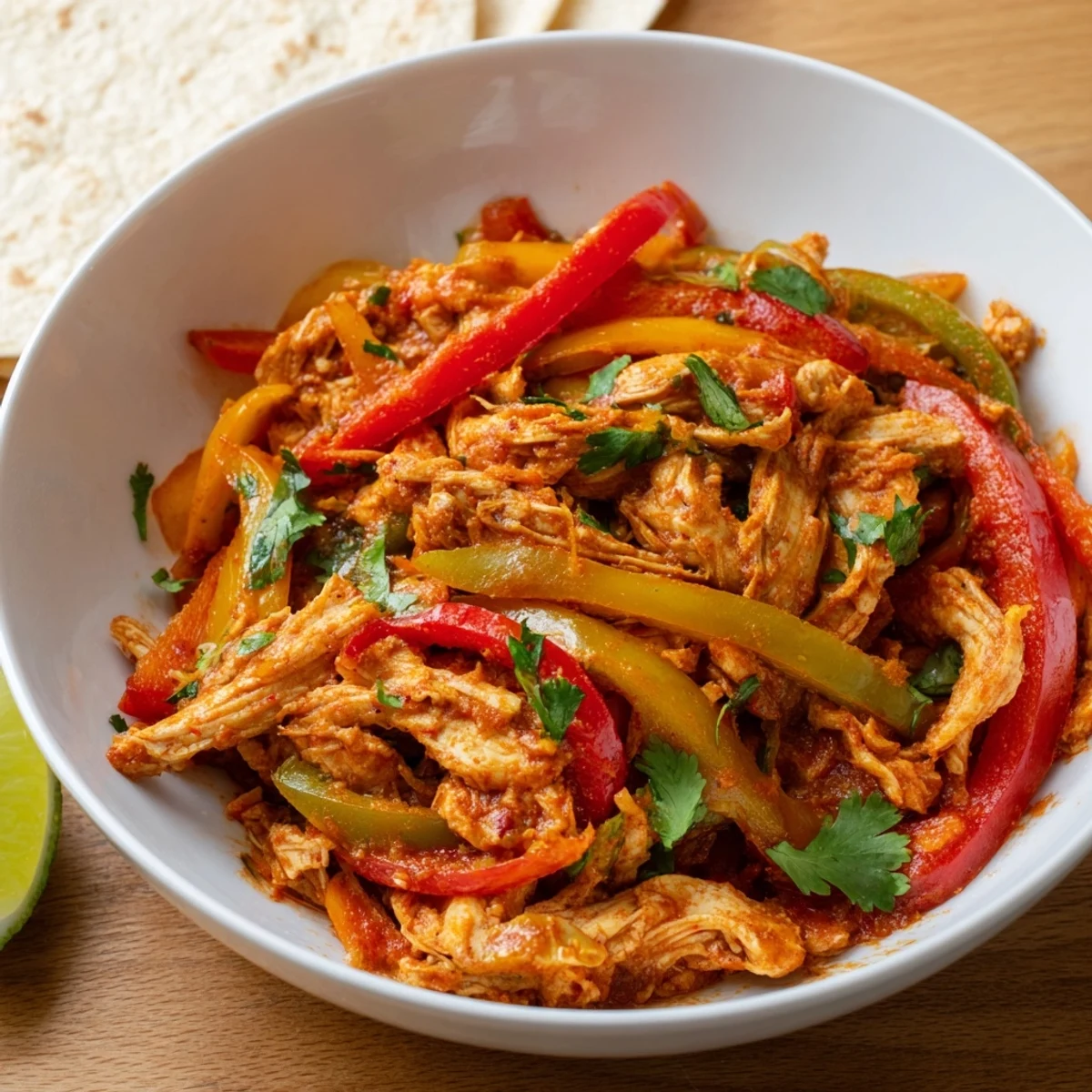 Easy Crockpot Chicken Fajitas served in warm tortillas with fresh cilantro and lime