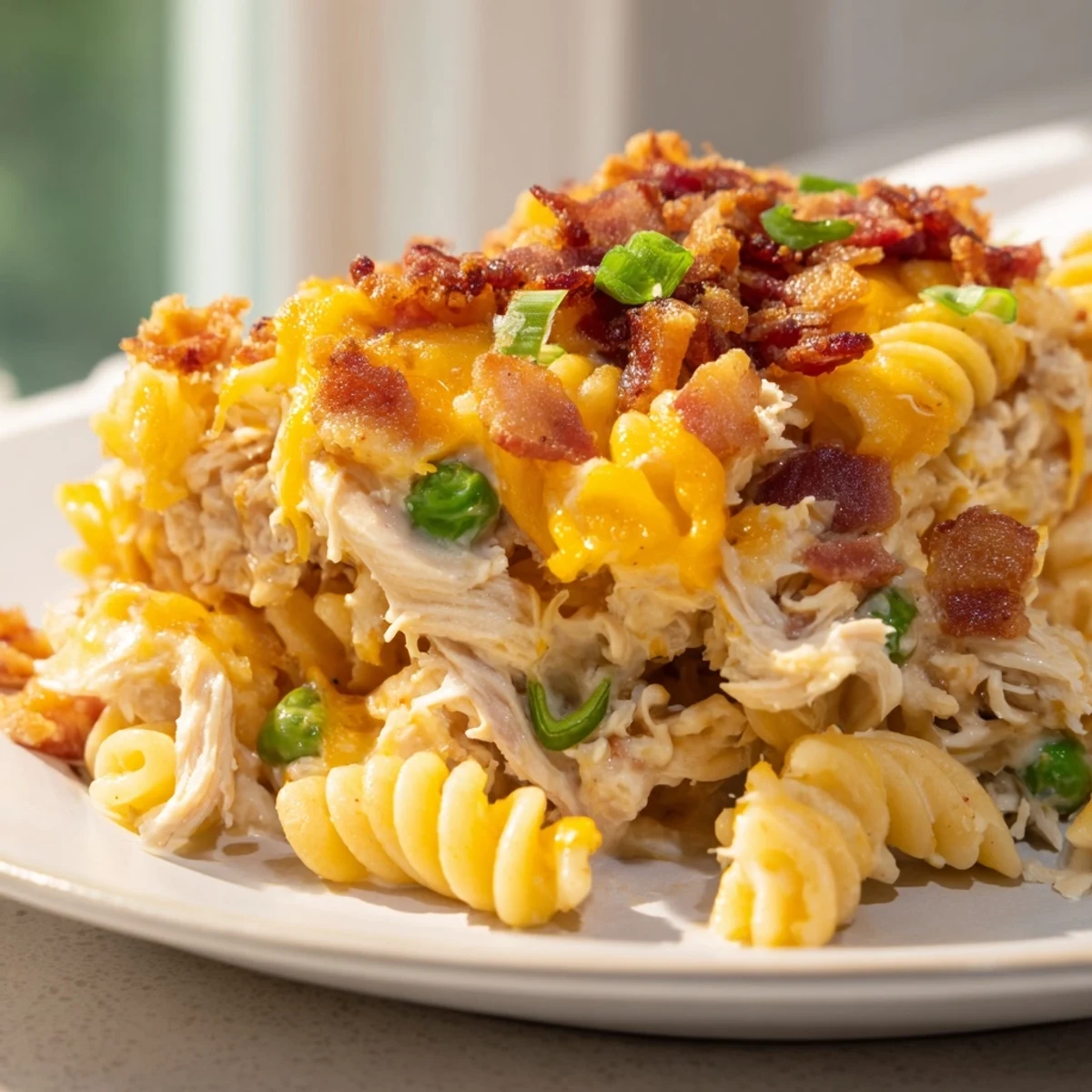 Slow cooker chicken pasta casserole loaded with ranch flavor and gooey cheese sauce