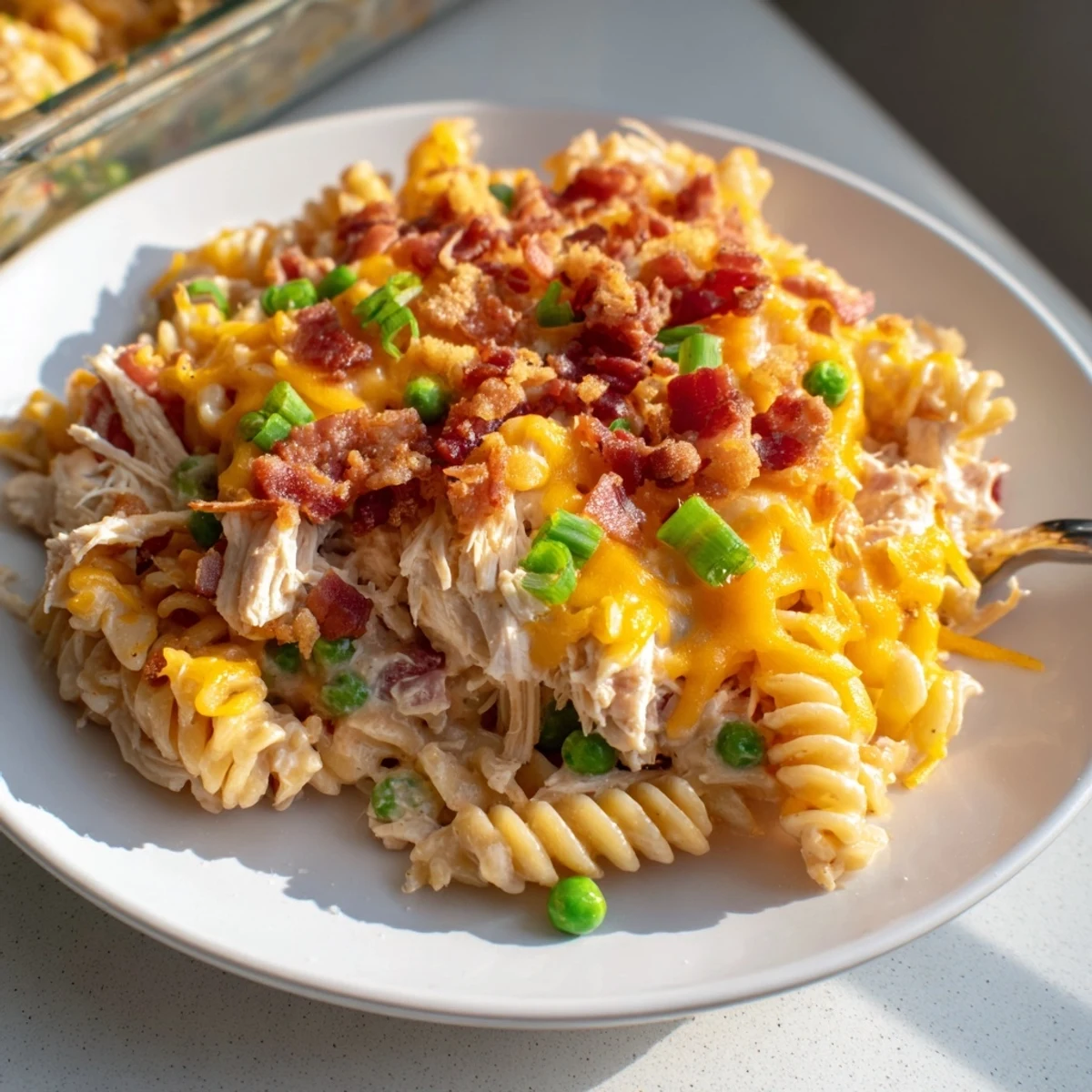 Creamy Crock Pot Crack Chicken Casserole topped with melted cheddar and crispy bacon bits