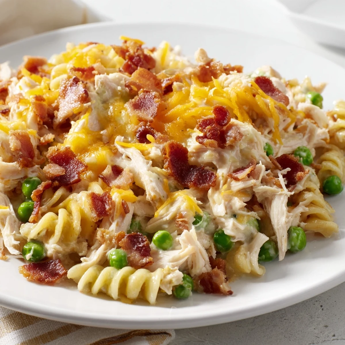 Hearty Crack Chicken Casserole bubbling with tender shredded chicken and crumbled bacon garnish