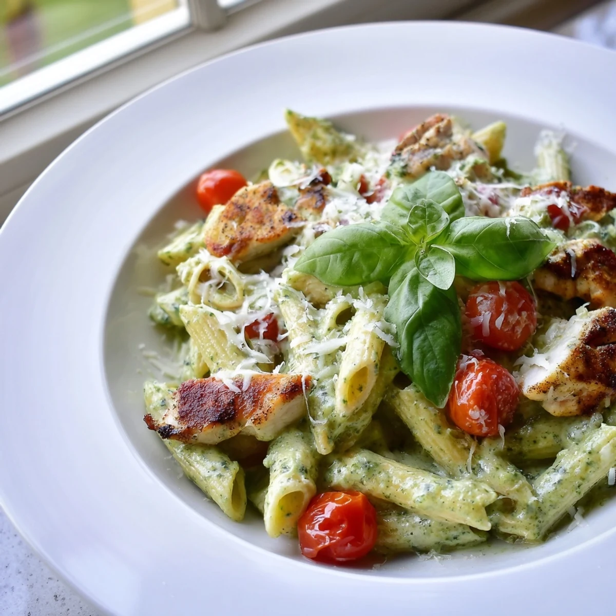 Creamy pesto chicken pasta featuring tender chicken pieces coated in rich basil Parmesan sauce over perfectly cooked penne