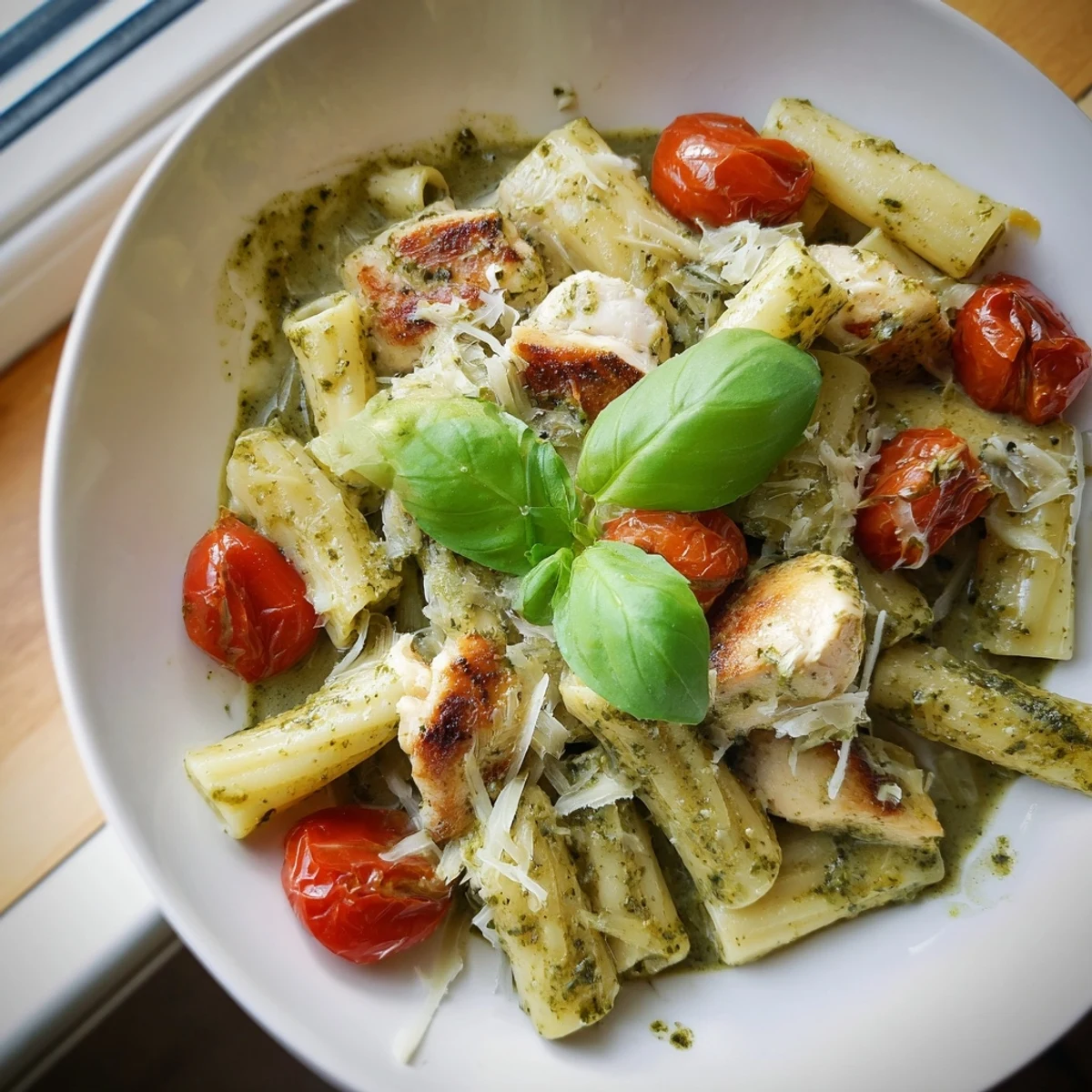 Golden brown chicken breast pieces tossed with al dente pasta in vibrant green creamy pesto sauce with cherry tomatoes