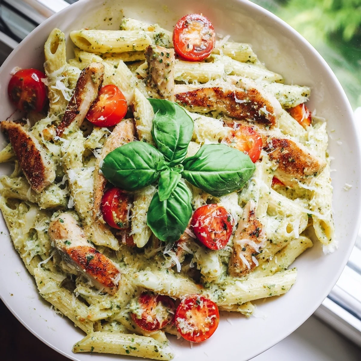 Steaming bowl of creamy pesto chicken pasta garnished with fresh basil leaves and grated Parmesan cheese
