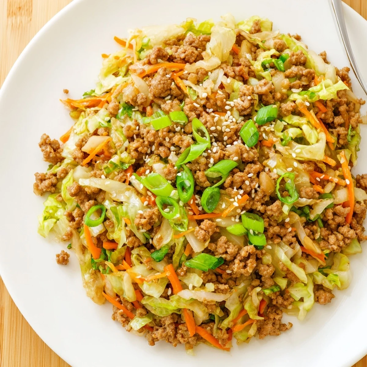 Golden brown egg roll in a bowl one skillet keto with tender cabbage and crumbled ground pork