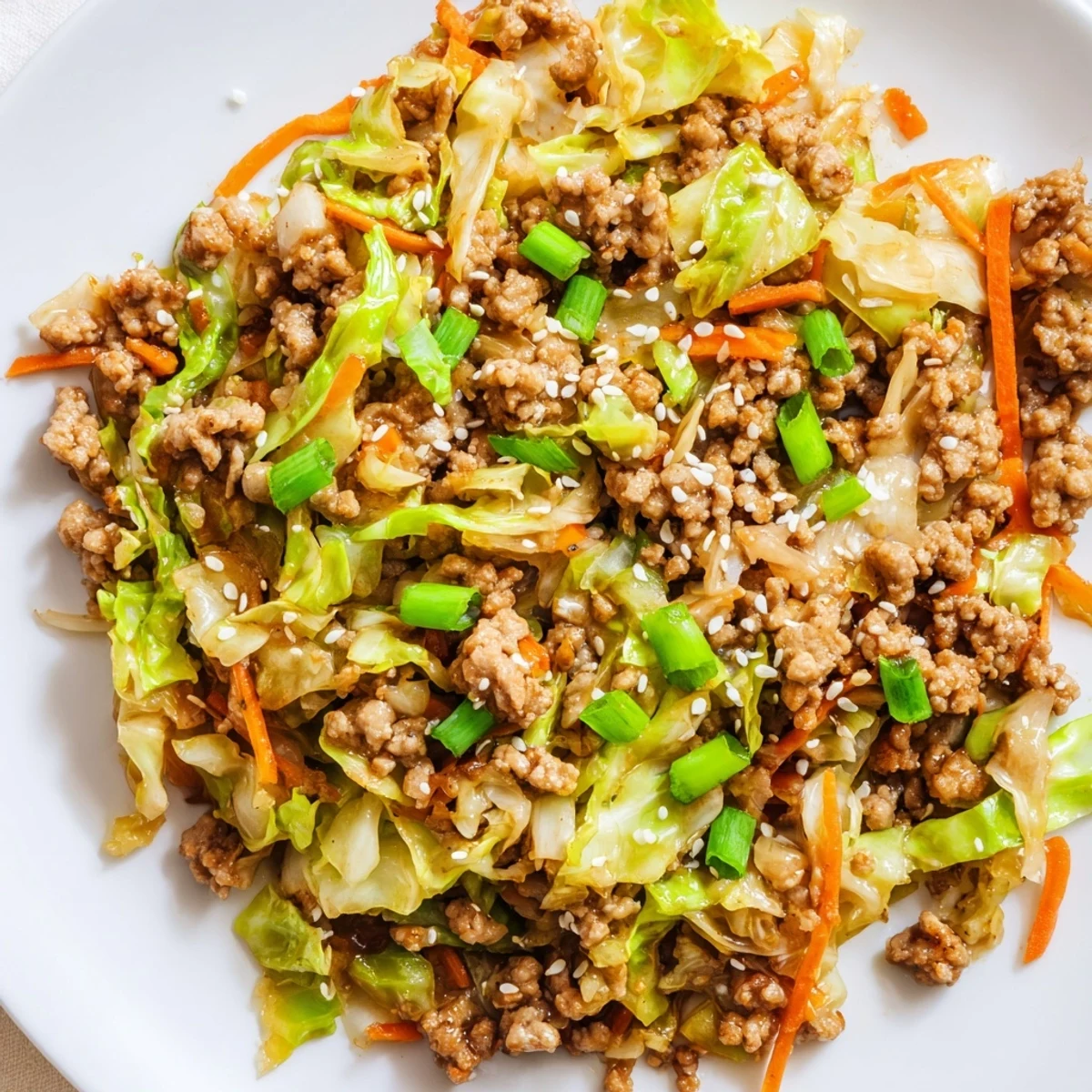 Steamy Asian-inspired egg roll in a bowl one skillet keto served hot from the pan with sesame seeds