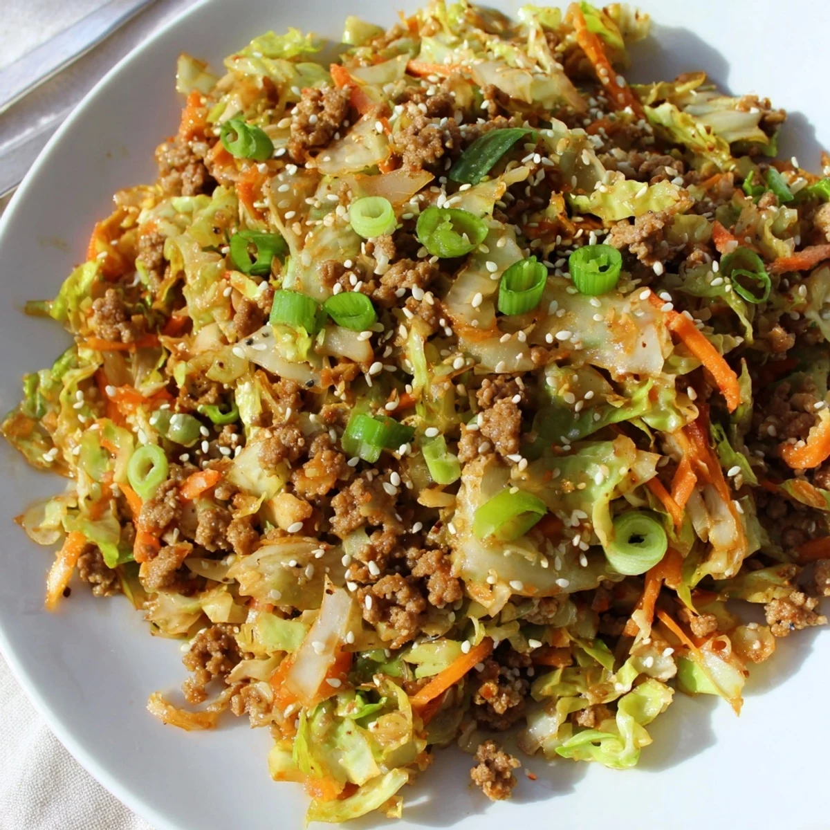 Vibrant low-carb egg roll in a bowl one skillet keto featuring colorful shredded carrots and fresh green onions
