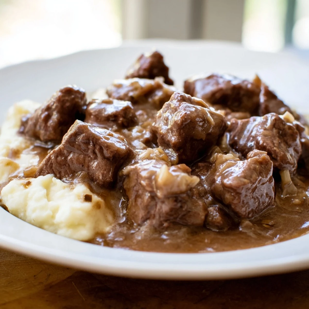 Tender slow cooker beef tips and gravy served over fluffy mashed potatoes with fresh parsley garnish