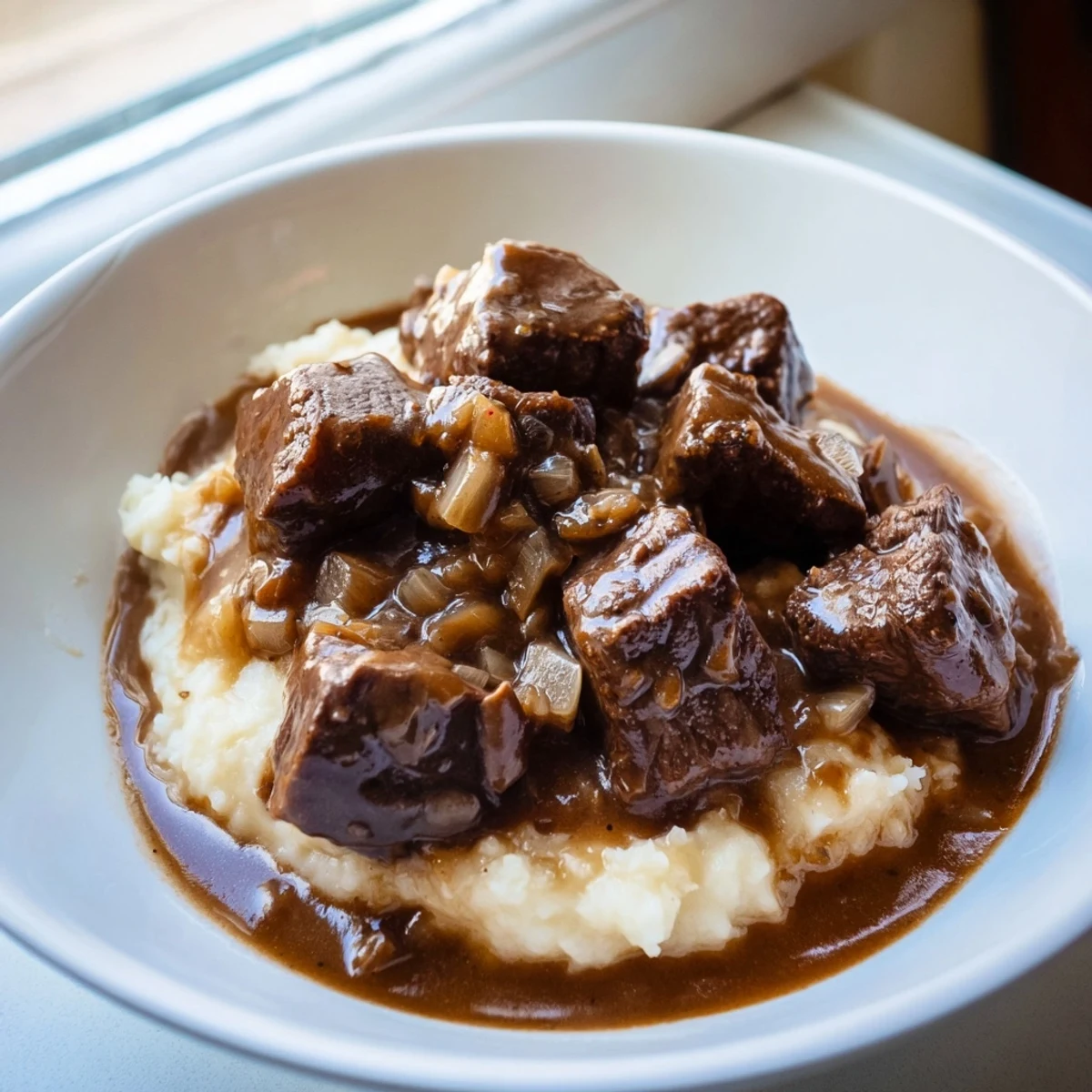 Fork-tender beef cubes swimming in rich brown gravy after hours of slow cooking comfort food