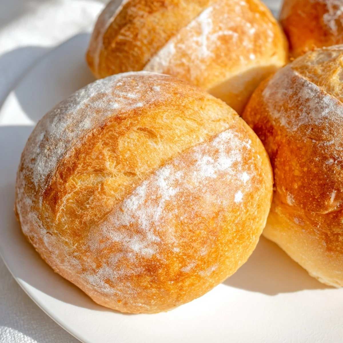 Warm homemade crusty French bread rolls served on wooden cutting board with butter