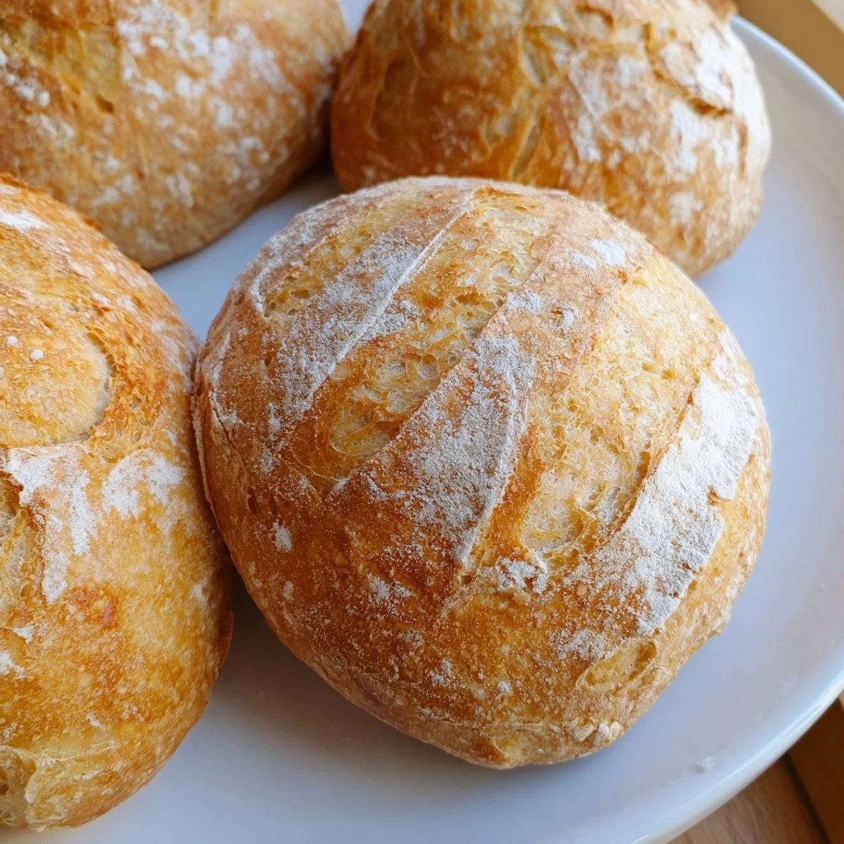 Golden brown crusty French bread rolls with flour-dusted tops and diagonal slashes