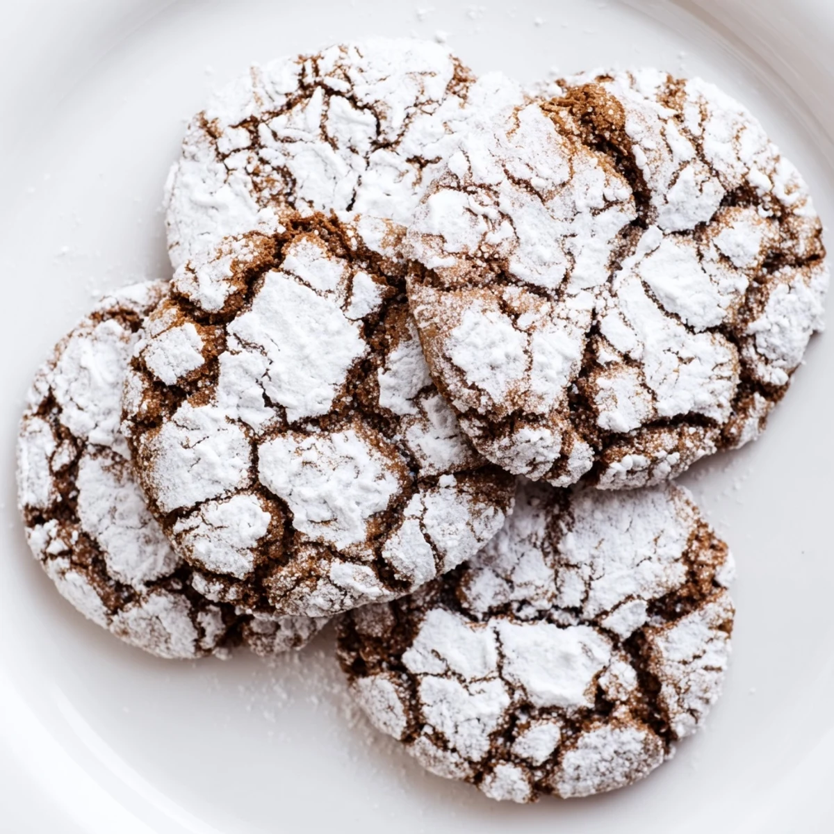 Soft homemade gingerbread crinkle cookies coated in white powdered sugar with cracked tops