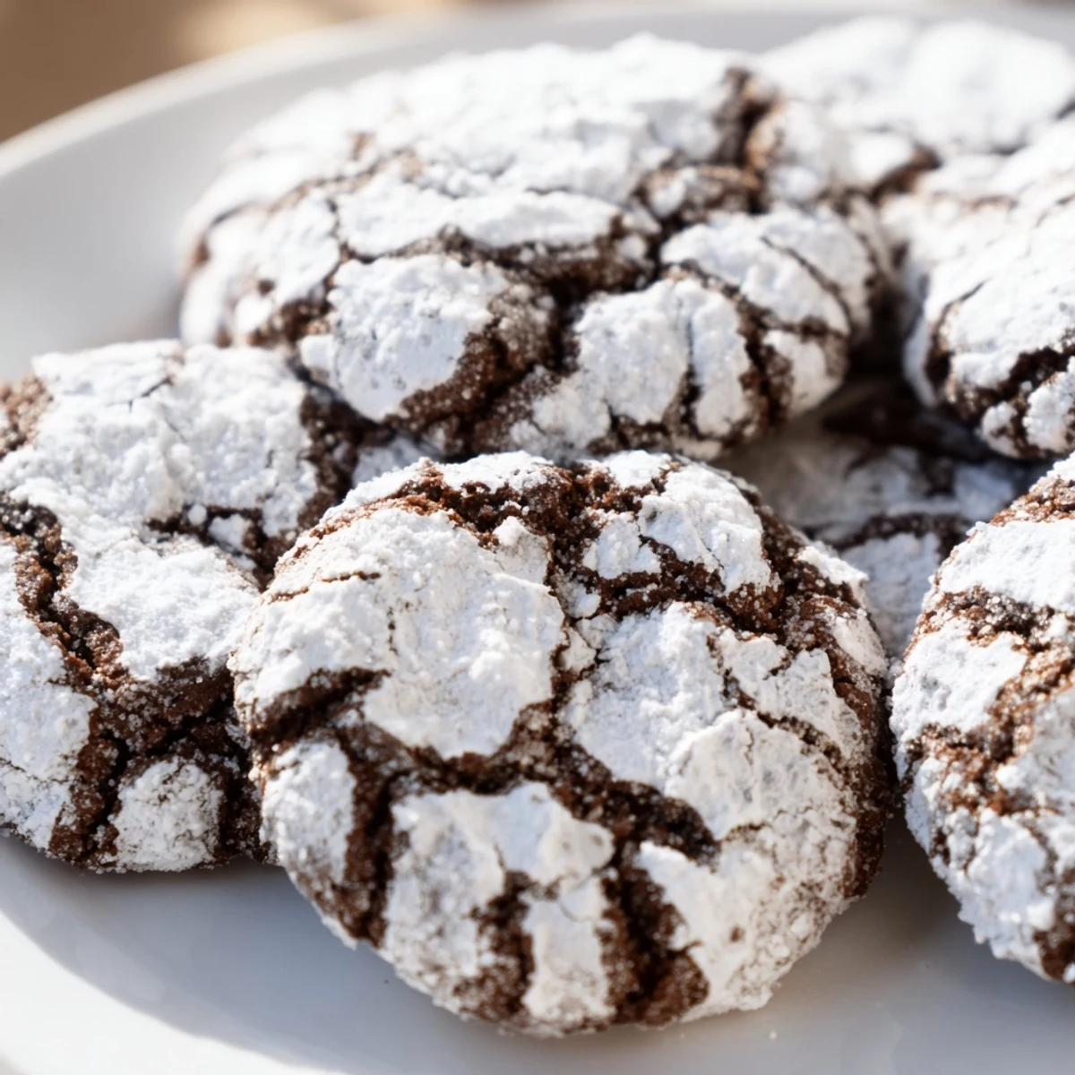 Warm spiced gingerbread crinkle cookies dusted with snow-like powdered sugar on a festive plate