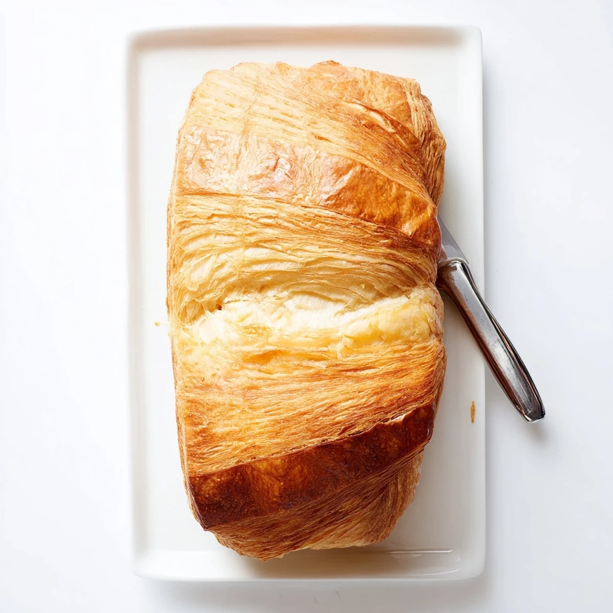 Golden homemade croissant bread loaf with flaky buttery layers and glossy egg wash finish