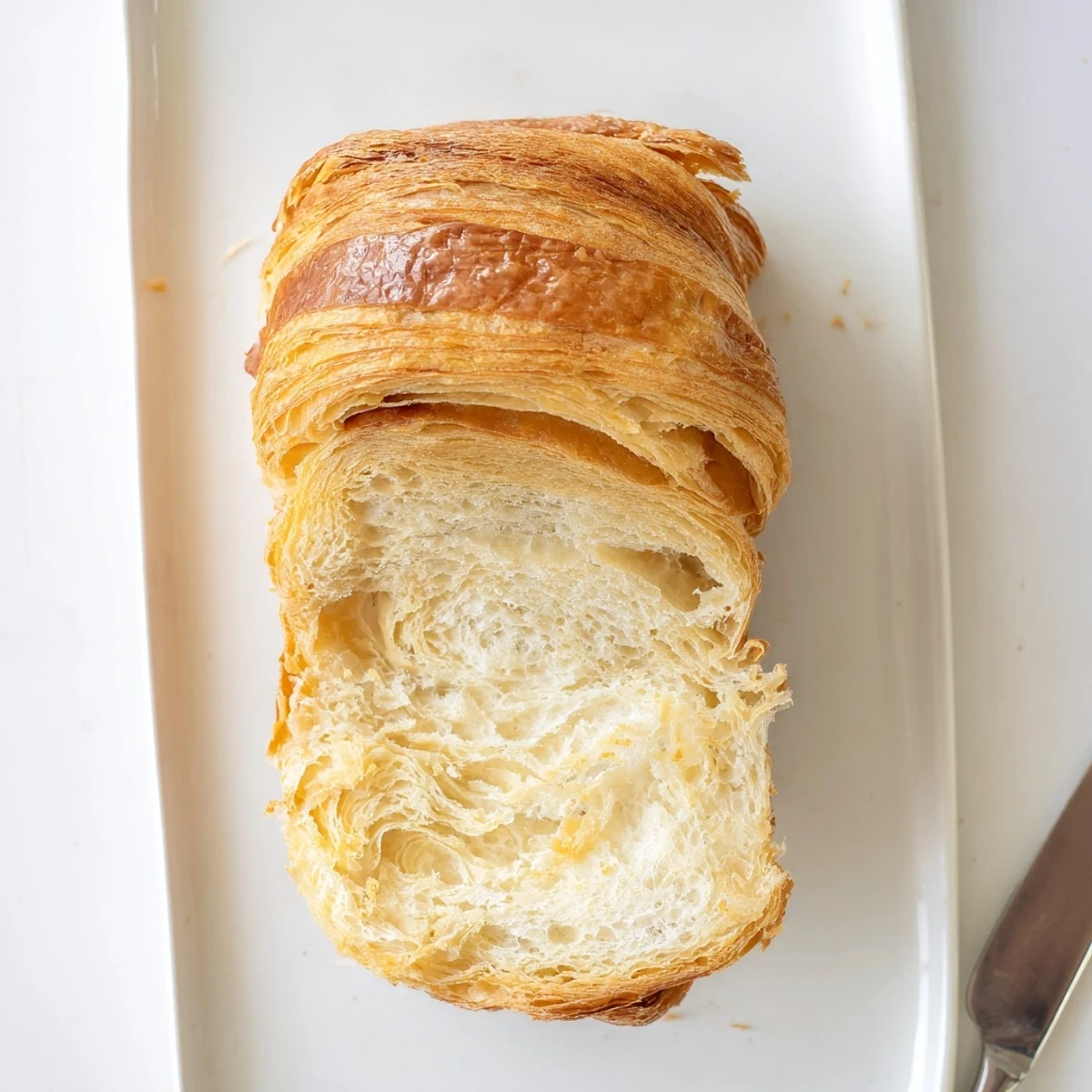 Sliced homemade croissant bread revealing tender honeycomb layers perfect for French toast or breakfast