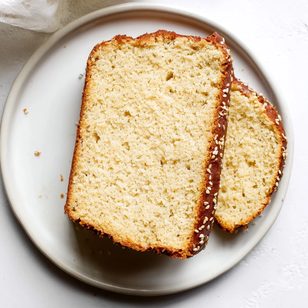Golden zero carb yogurt bread loaf sliced on a wooden board with butter melting