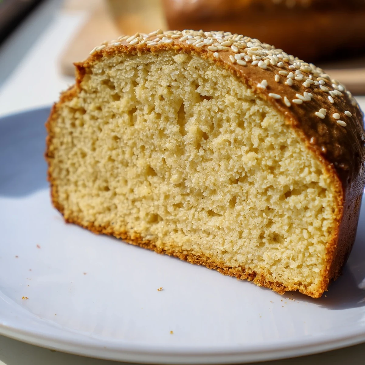 Fluffy zero carb yogurt bread toasted and topped with sesame seeds on white plate