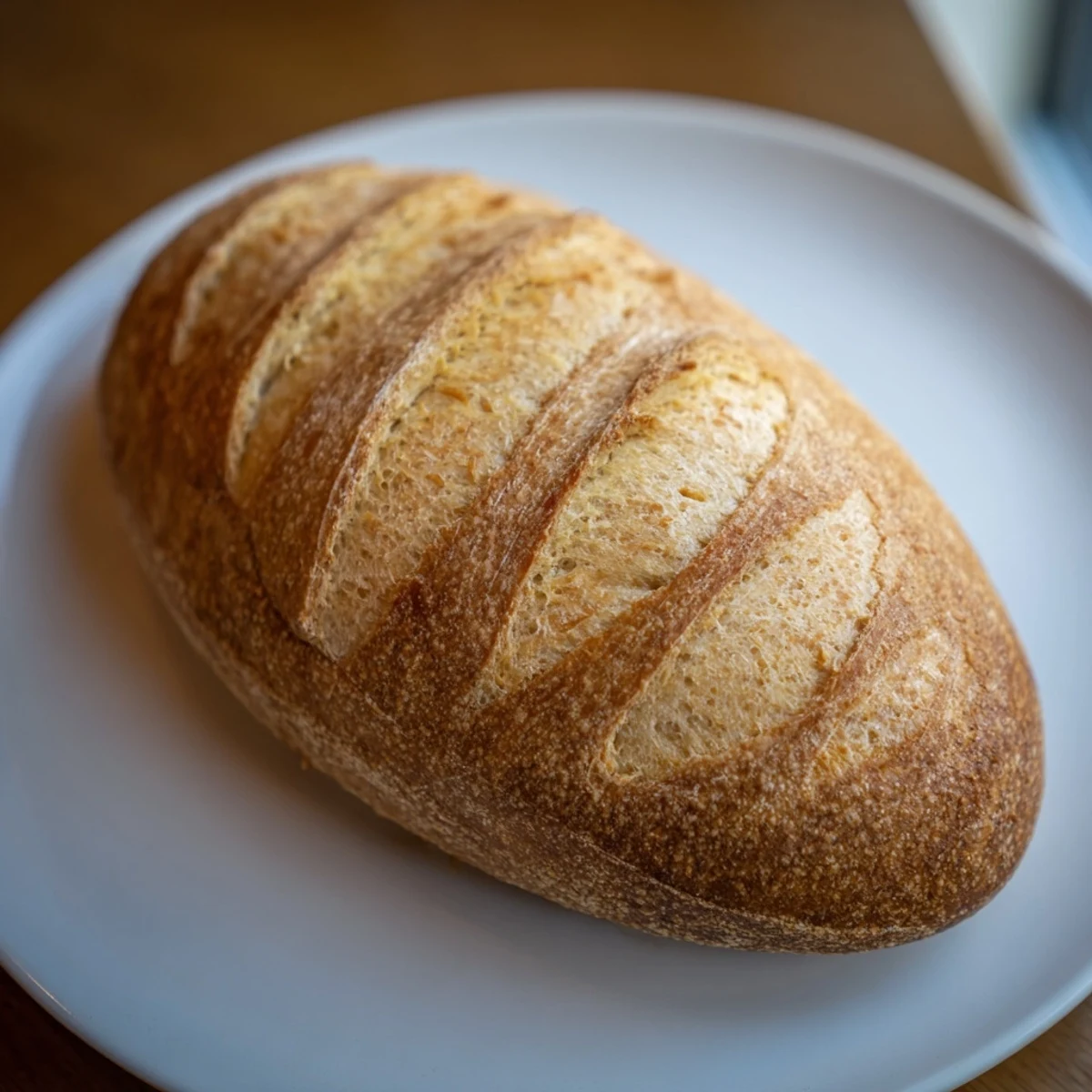 Golden brown crusty Italian bread loaf with a perfectly scored top and rustic texture