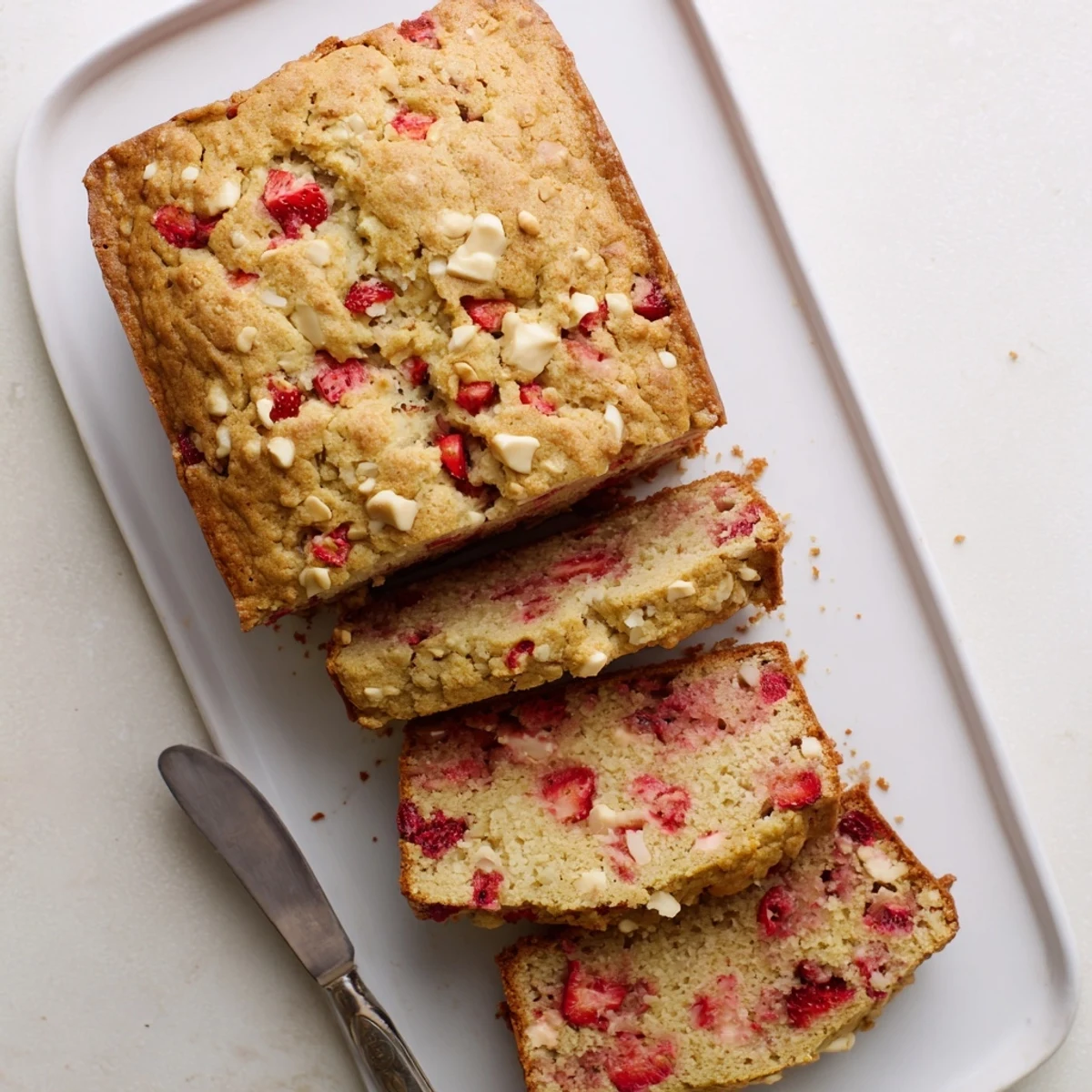 Golden brown sourdough white chocolate chips strawberry bread sliced on a wooden board showing juicy red berries and melted cream pockets
