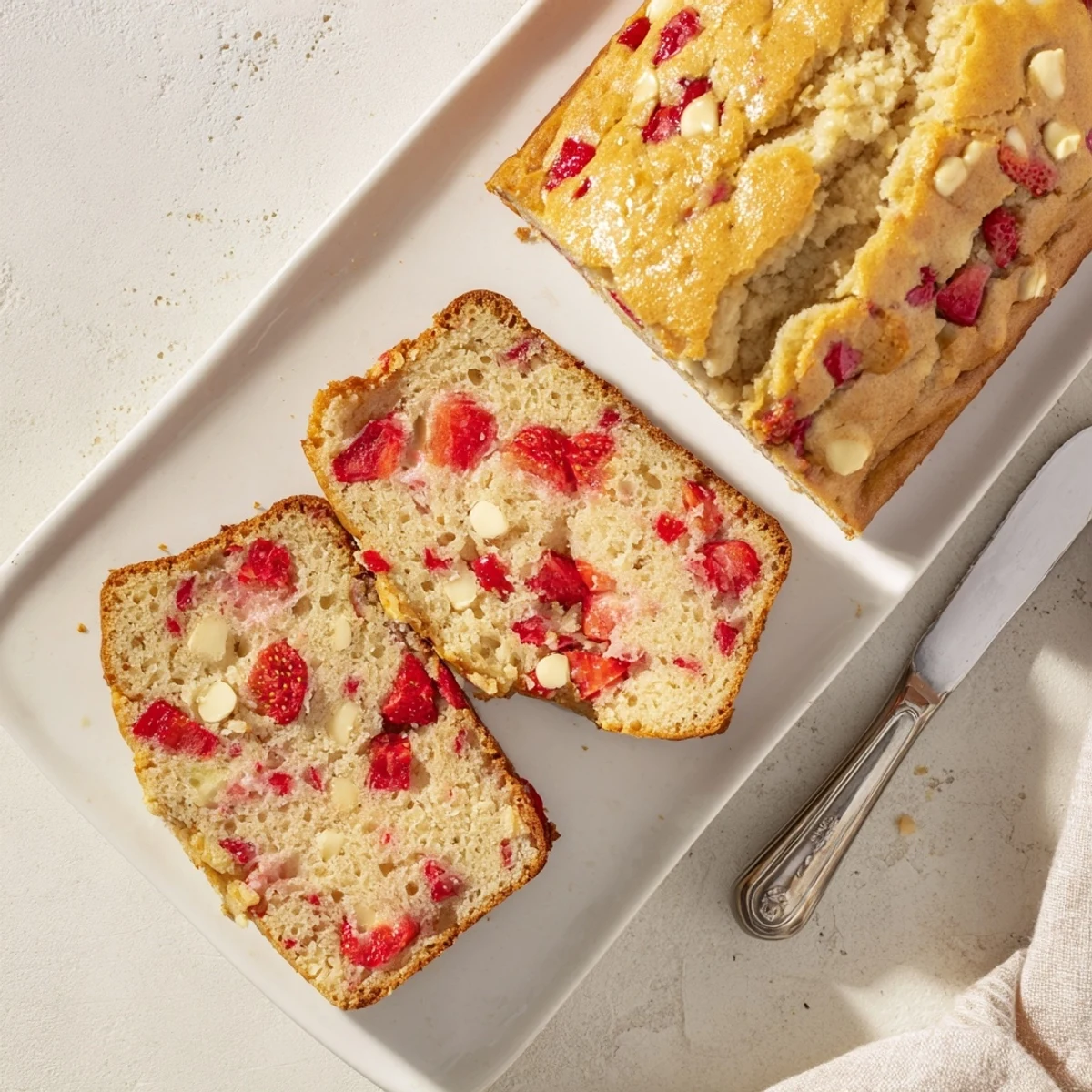 Freshly baked strawberry sourdough bread with white chocolate chips cooling on a wire rack with a golden cracked crust