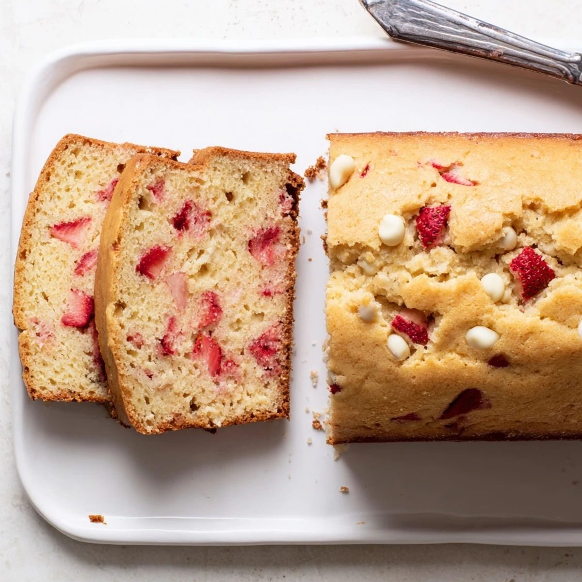 Tender slice of sourdough white chocolate strawberry bread served on a plate with scattered fresh strawberries and chocolate chunks