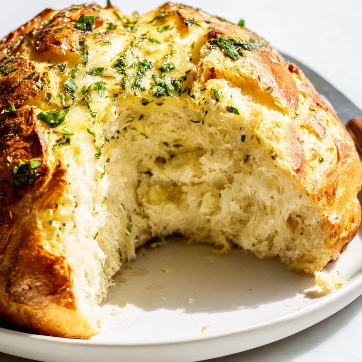 Golden garlic herb Dutch oven bread with a crispy crust and tender, airy crumb
