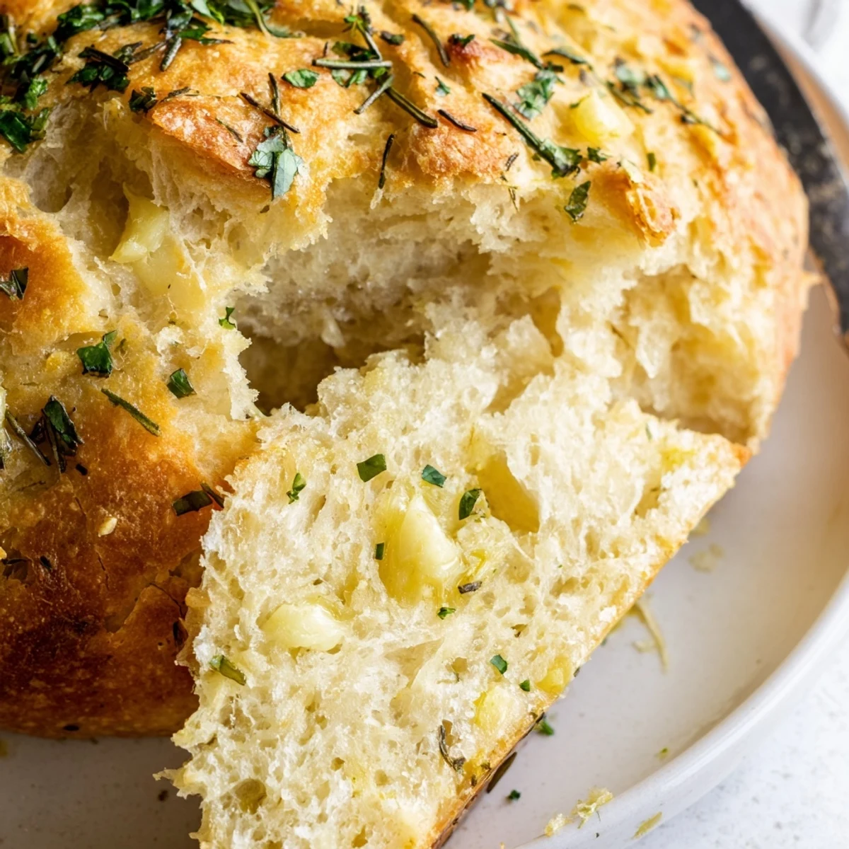 Fresh rosemary and thyme-infused artisan bread sliced on a wooden cutting board