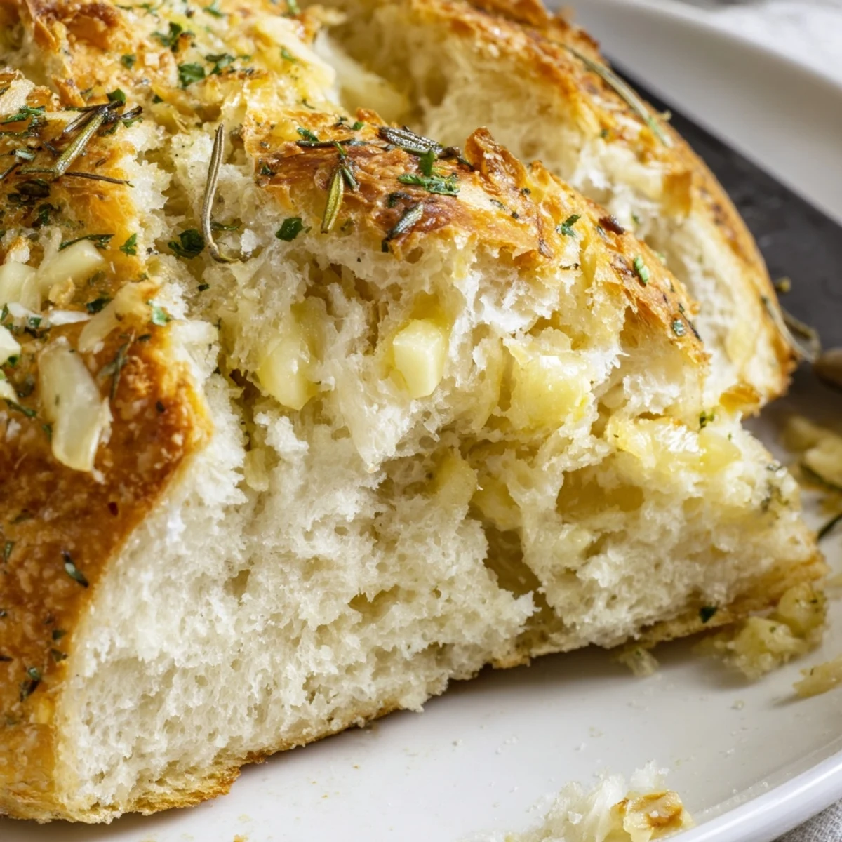 Warm homemade garlic herb Dutch oven bread brushed with melted butter and parsley