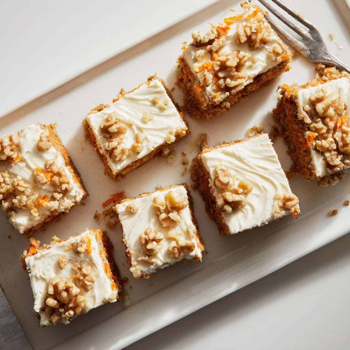 Moist carrot cake bars featuring creamy cheesecake swirls and grated carrot texture baked to golden perfection