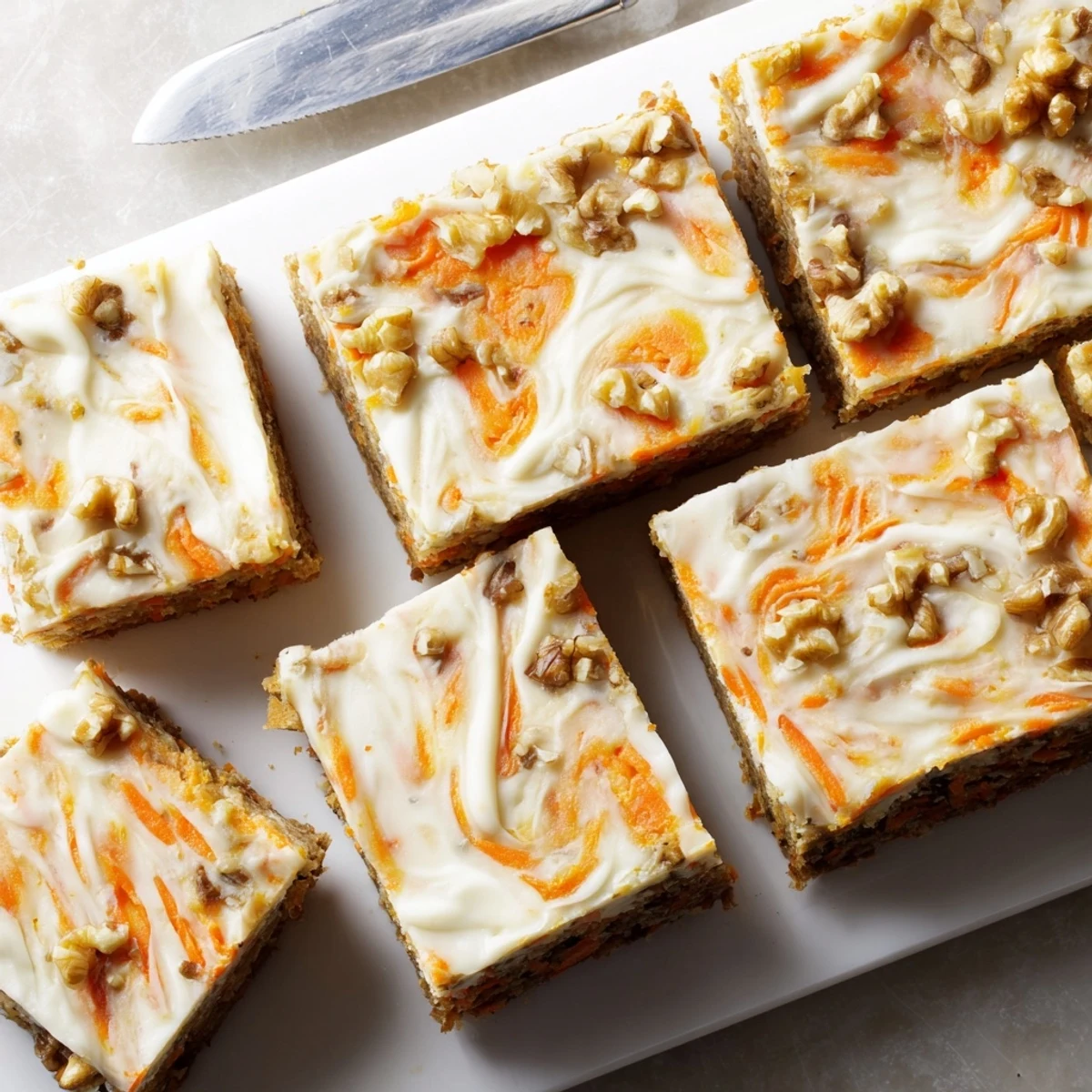 Slice of carrot cake cream cheese bars showing distinct layers of spiced cake and sweet cream cheese filling