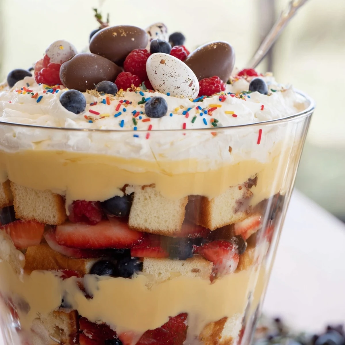 Golden sponge cake layers with vanilla custard and fresh mixed berries in a glass trifle bowl