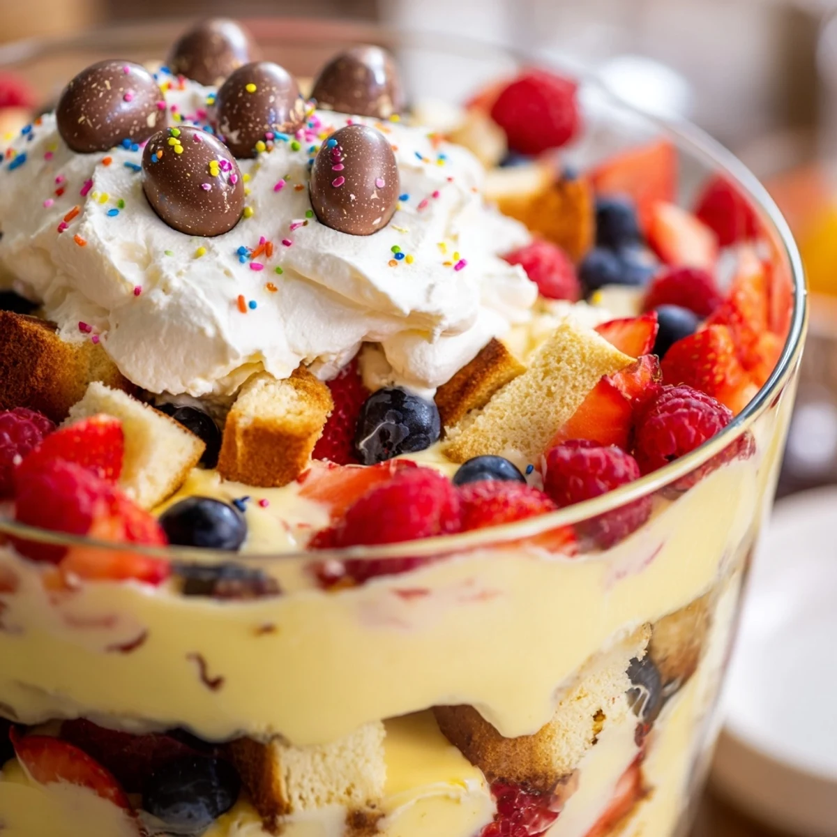 Festive Easter trifle dessert topped with whipped cream chocolate eggs and colorful sprinkles