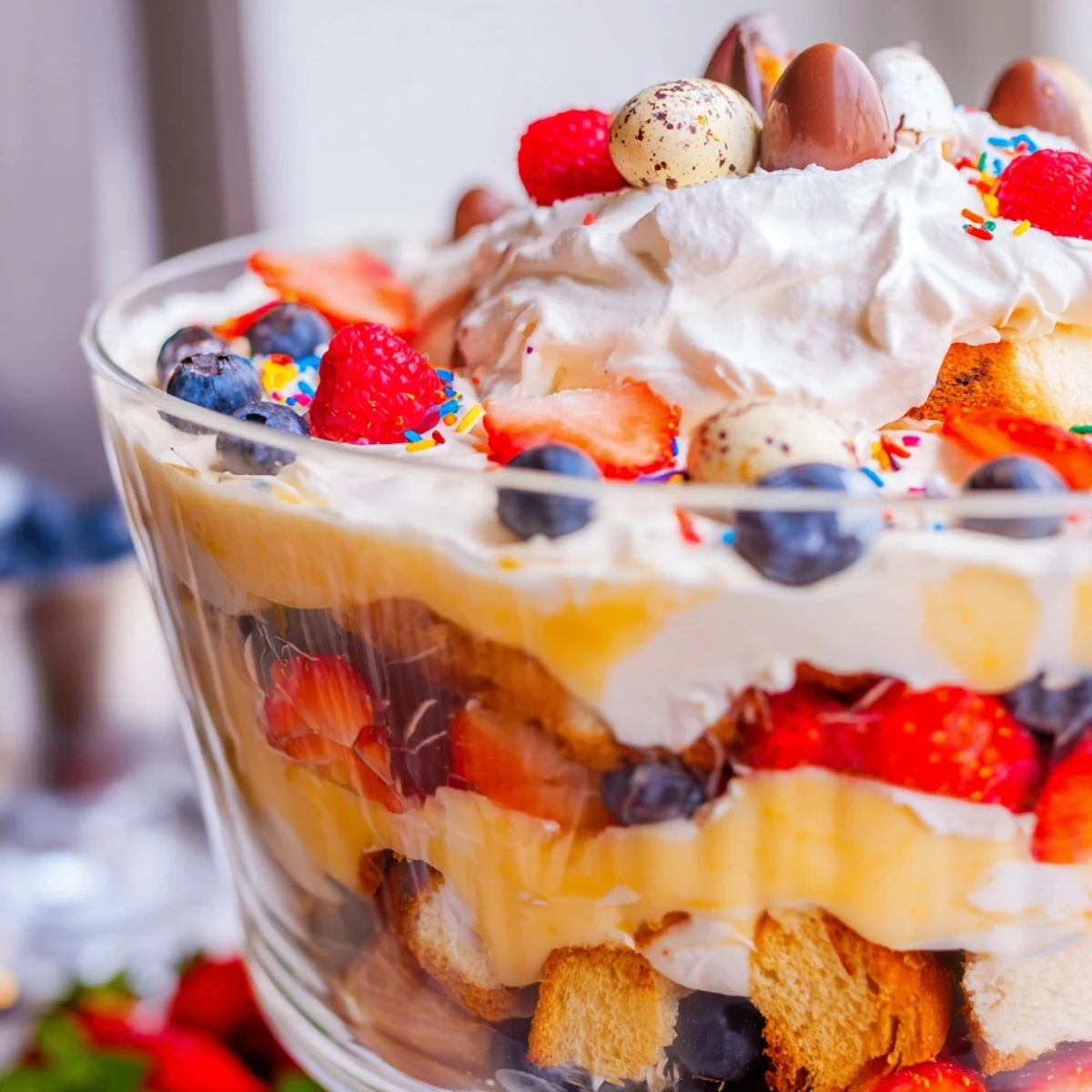 Creamy vanilla custard layered with juicy strawberries raspberries and light sponge cake for Easter celebration