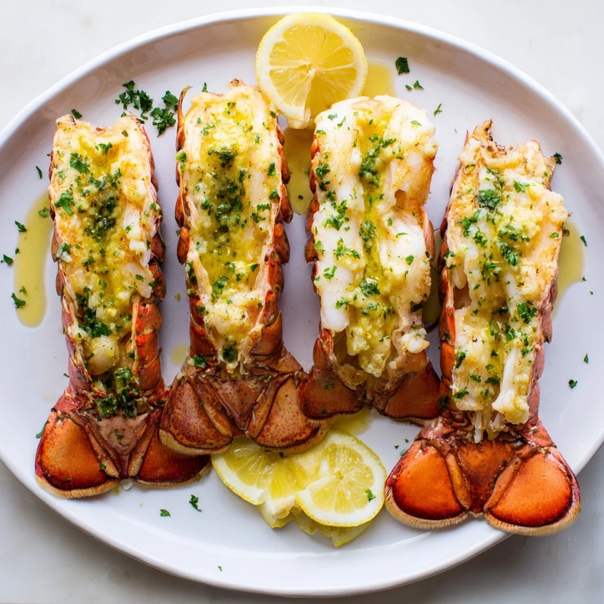 Butterflied lobster tails brushed with rich garlic butter sauce and garnished with fresh parsley