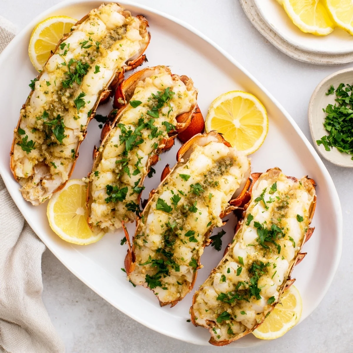 Golden garlic butter lobster tails baked to tender perfection on a white serving platter
