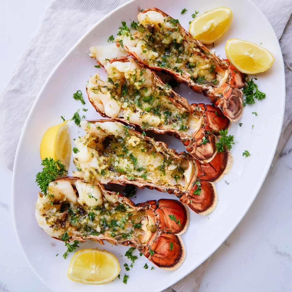 Succulent baked lobster tails swimming in melted garlic butter with lemon wedges on the side
