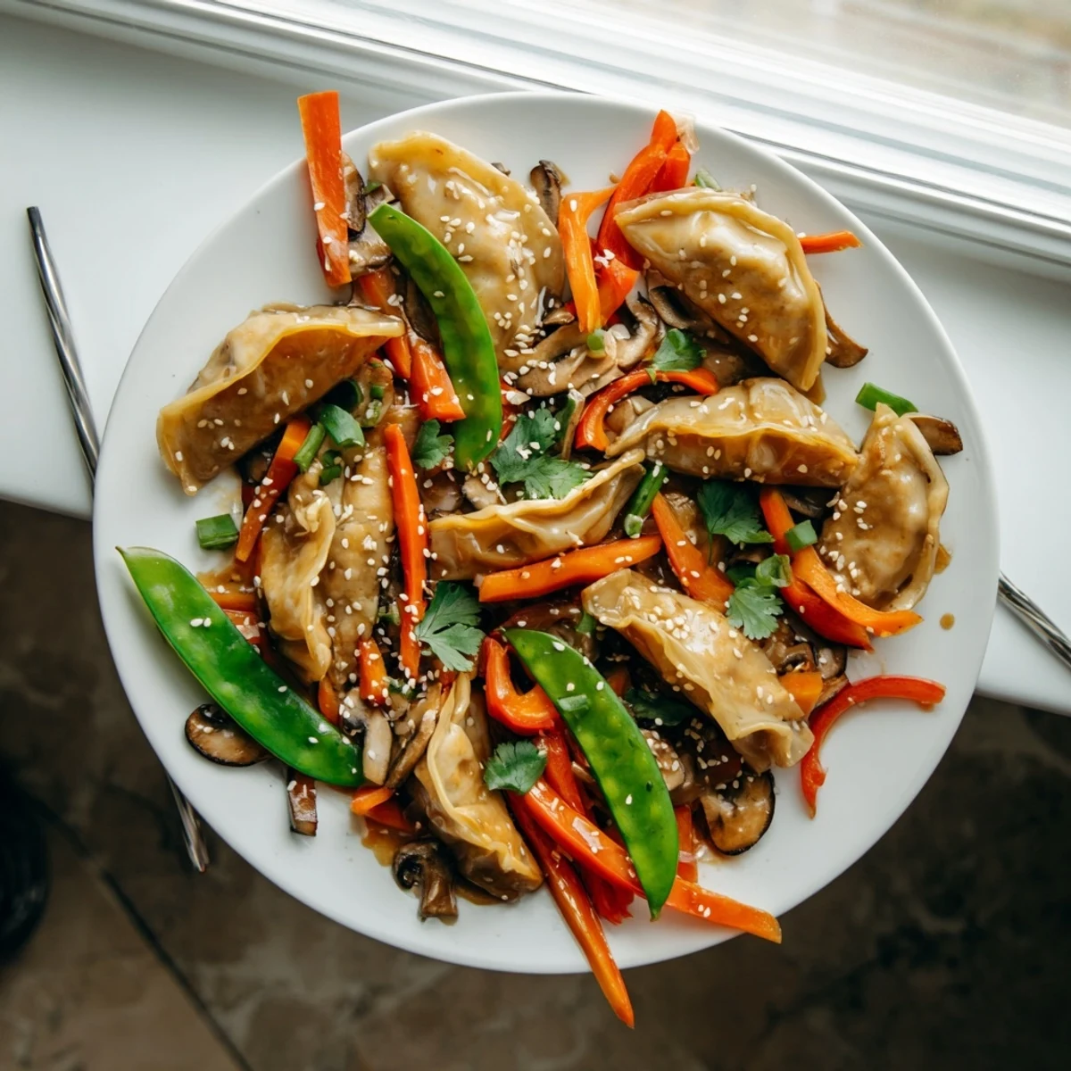 Golden crispy potstickers tossed with colorful vegetables in savory stir fry sauce