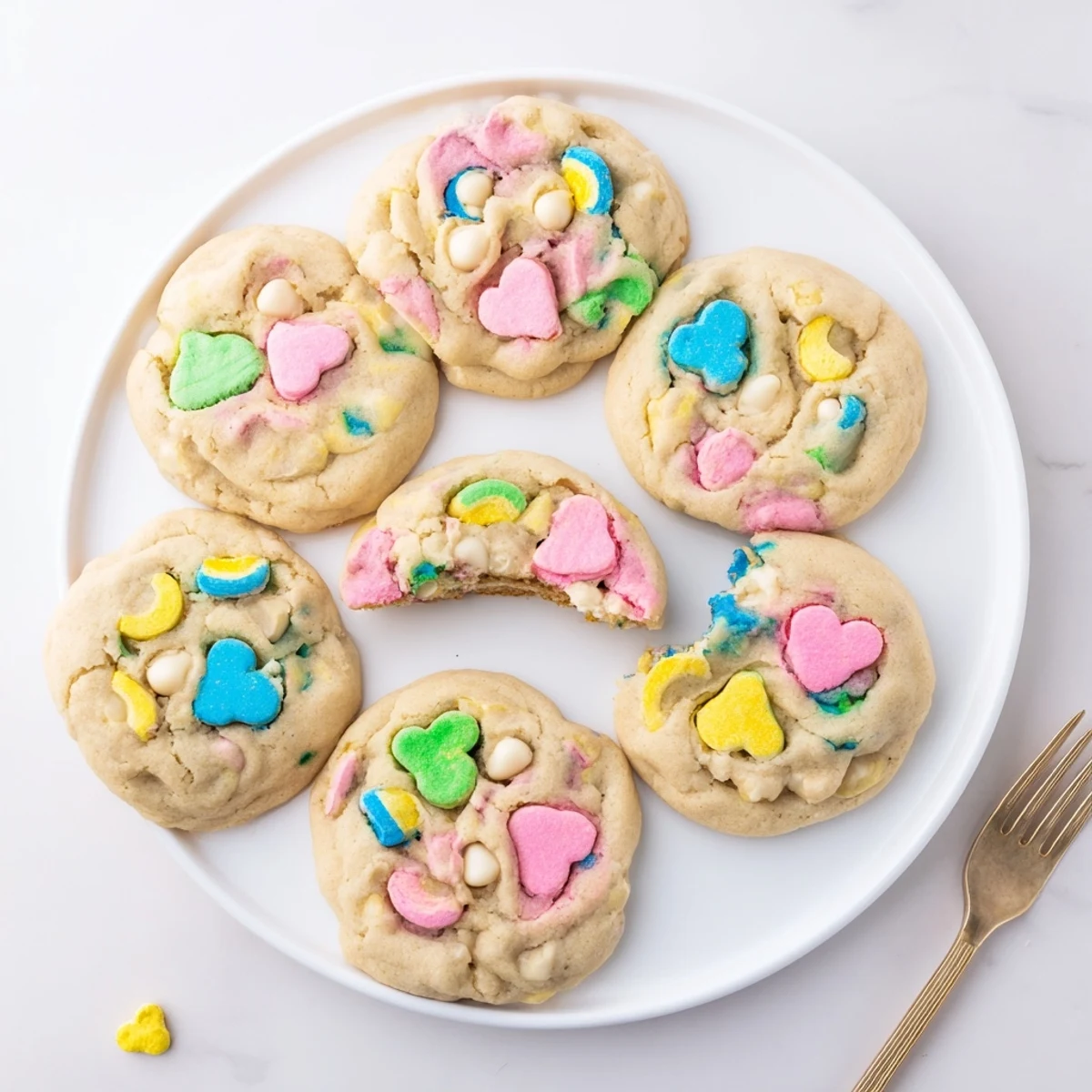 Soft Lucky Charms cookies studded with colorful marshmallow bits on a white plate.