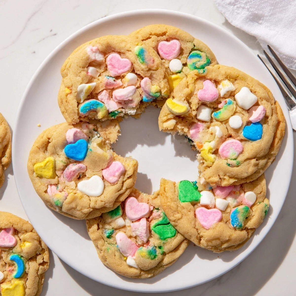 Chewy Lucky Charms cookies with vibrant rainbow marshmallows, freshly baked on parchment paper.
