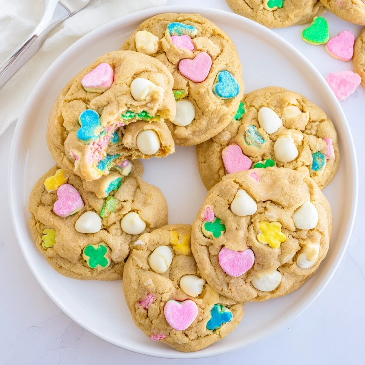 Golden Lucky Charms cookies topped with bright cereal marshmallows and white chocolate chips.